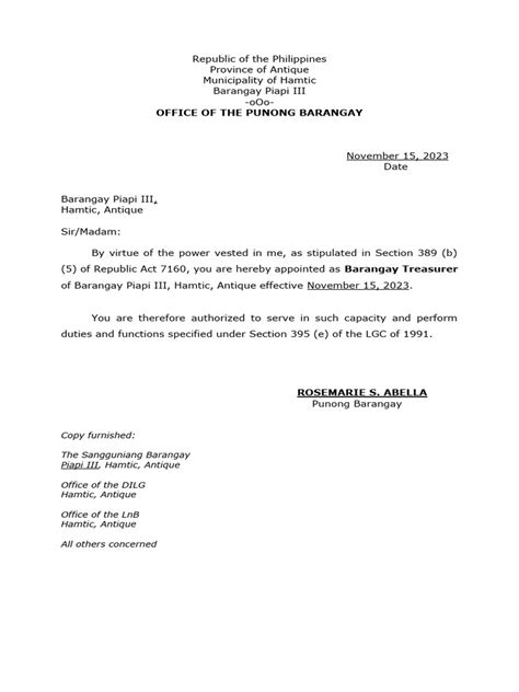 Appointment letter for barangay secretary and treasurer pls.